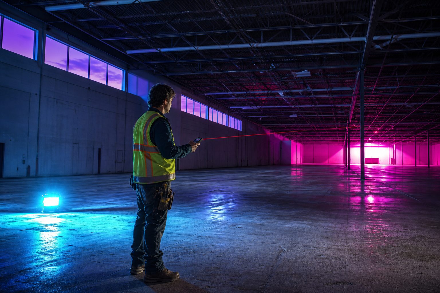 A contractor with a laser measure standing in an empty big box retail shell with exposed steel joists