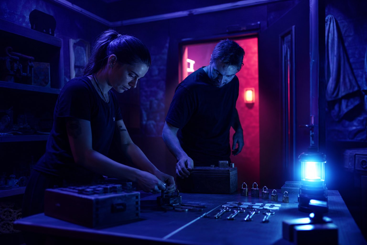 Two staff resetting props inside an escape room set between groups, lit by a single cyan practical lamp