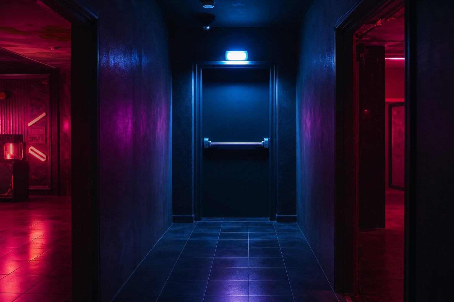 An illuminated exit door with a push bar at the end of a dark themed corridor under cyan emergency light