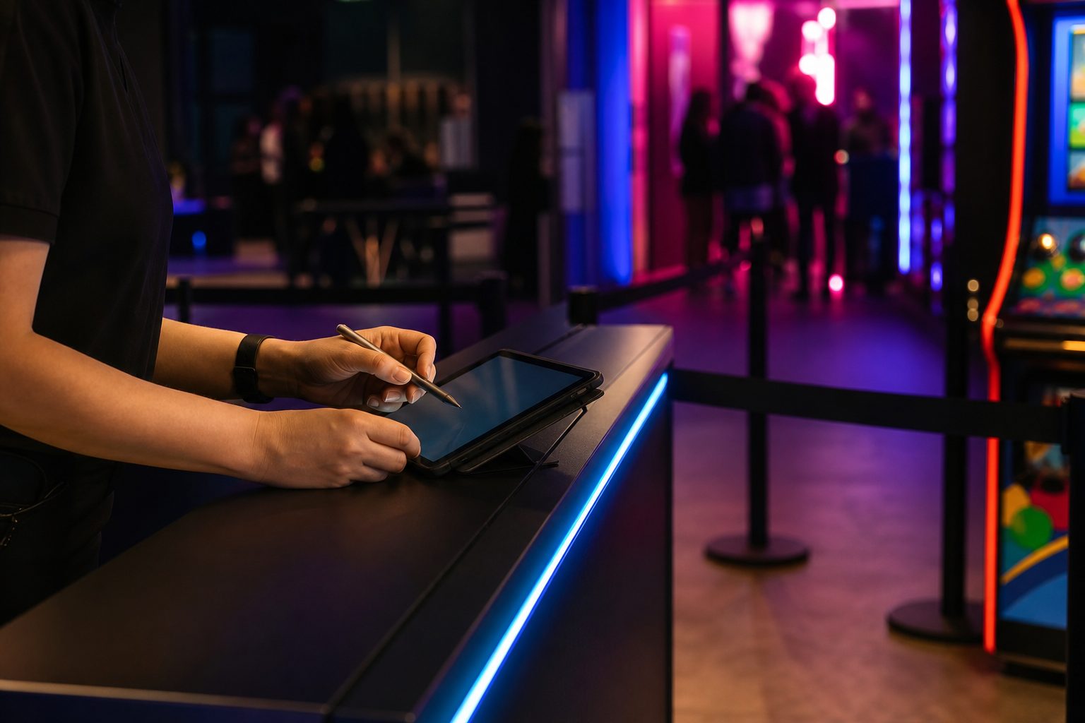 A staff member's hands holding a stylus over a tablet on a dark venue front desk lit by cyan and pink neon