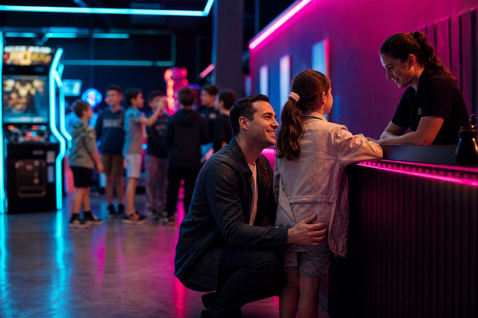 A parent kneeling beside a young child at a party venue check in rail under violet and pink neon light