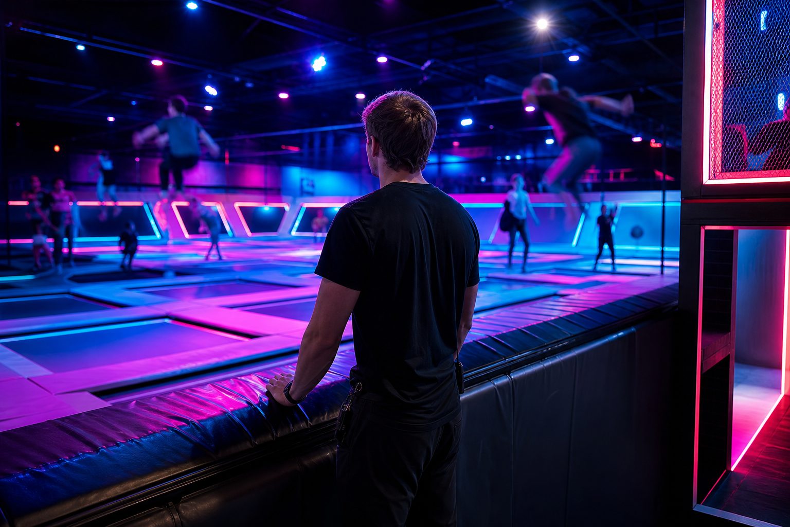 A court monitor watching blurred jumpers from the edge of a trampoline court under cyan and pink light