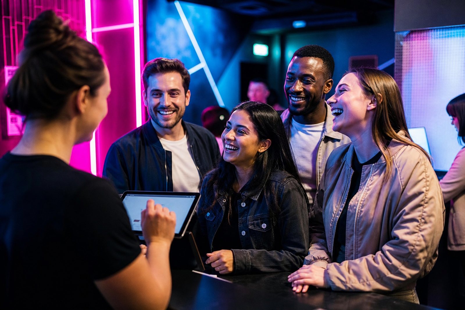 Friends laughing at the neon lit entrance counter of an escape room while a staff member checks them in on a tablet