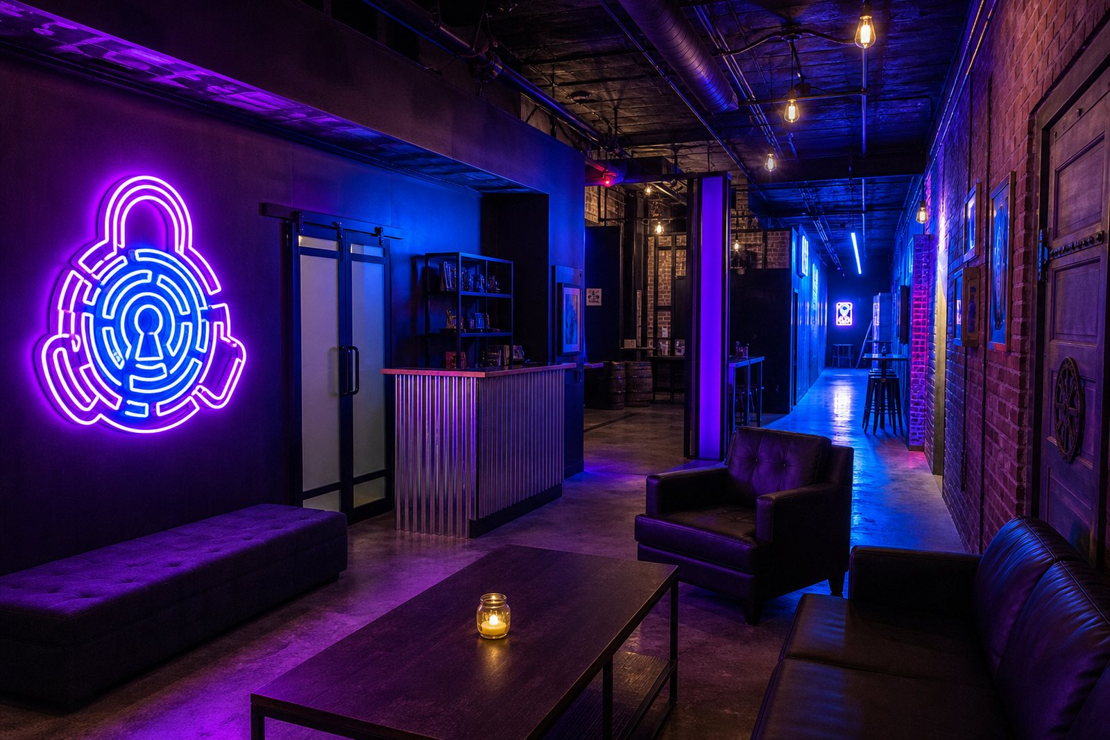 Neon lit escape room lobby with violet and cyan lighting, lounge seating and an industrial ceiling ready for the next group